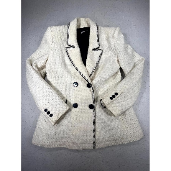Zara Jackets & Blazers - Zara Blazer Jacket Women Medium Cream Cotton Boucle Double Breasted Notch Lapel